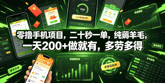 零撸手机项目，二十秒一单，纯薅羊毛，一天200+做就有，多劳多得【揭秘】-星云网创