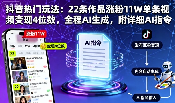抖音热门玩法：22条作品涨粉11W单条视频变现4位数，全程AI生成，附详细AI指令-我要项目网
