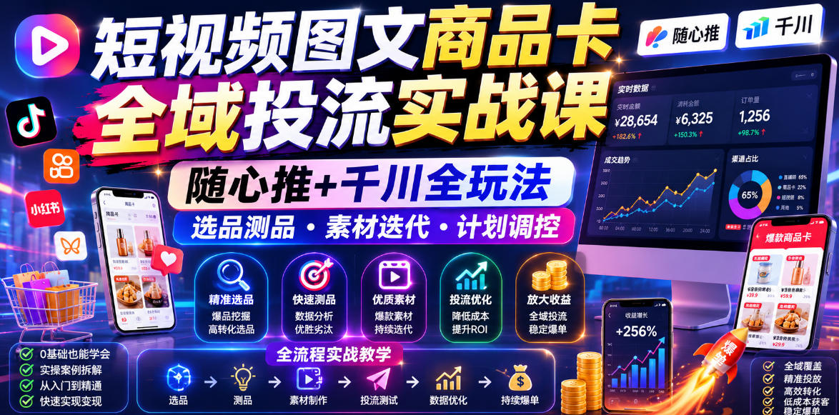 短视频图文商品卡全域投流实战课，随心推+千川全玩法，选品测品・素材迭代・计划调控，提升ROI爆单增收教程-星云网创