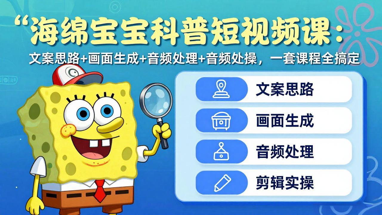 海绵宝宝科普短视频课：文案思路+画面生成+音频处理+剪辑实操，一套课程全搞定-星云网创