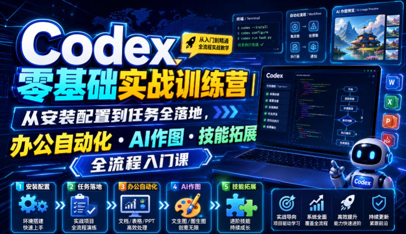 Codex零基础实战训练营｜从安装配置到任务全落地，办公自动化・AI作图・技能拓展全流程入门课-星云网创