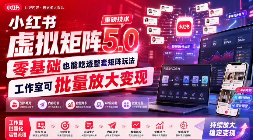 小红书虚拟矩阵5.0重磅技术，零基础也能吃透整套矩阵玩法，工作室可批量放大变现-星云网创