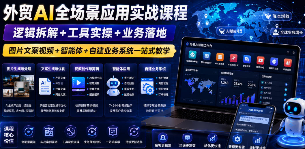 外贸AI全场景应用实战课程｜逻辑拆解+工具实操+业务落地，图片文案视频+智能体+自建业务系统一站式教学-星云网创