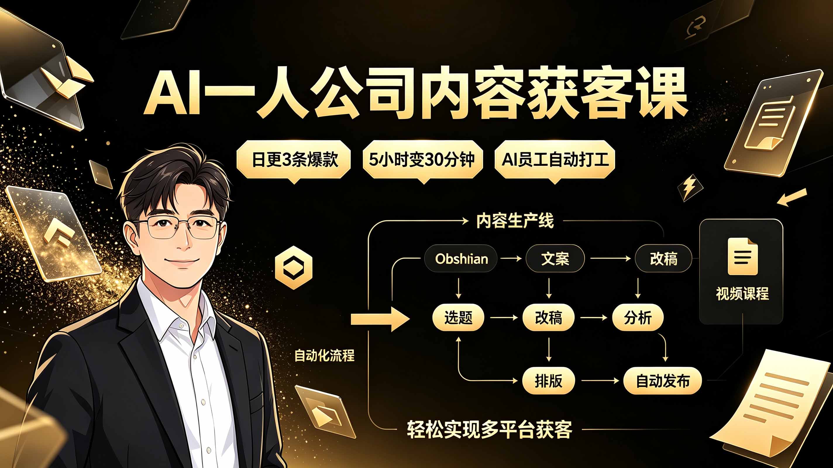 AI一人公司内容获客课：日更3条爆款×5小时变30分钟×AI员工自动打工，轻松实现多平台获客-星云网创