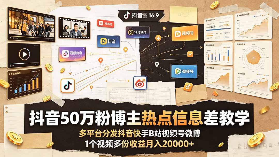 抖音50万粉博主热点信息差教学：多平台分发抖音快手B站视频号微博，1个视频多份收益月入20000+-星云网创