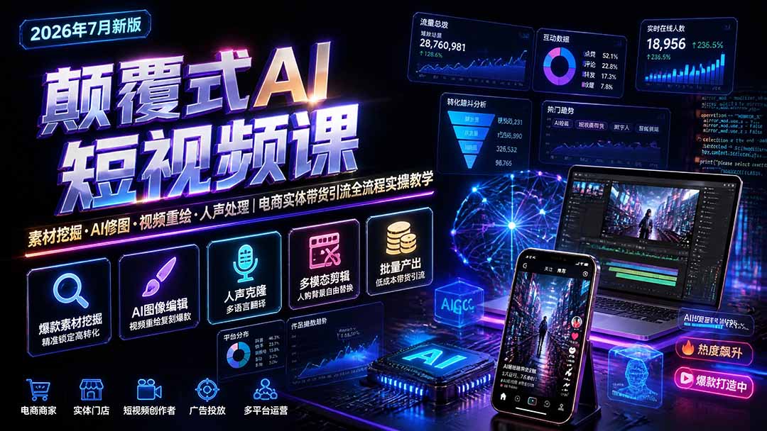 颠覆式AI短视频课｜素材挖掘，AI修图，视频重绘，人声处理｜电商实体带货引流全流程实操教学-星云网创
