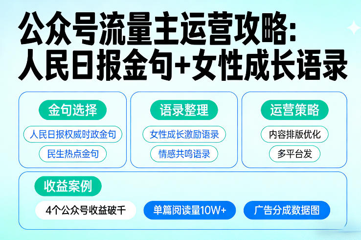 利用人民日报金句+女性成长语录做公众号流量主，4个公众号收益破千-星云网创