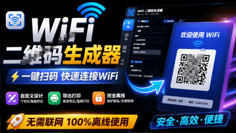 完全离线使用！WiFi二维码生成器，一键扫码快速连接WiFi，支持自定义风格导出WiFi二维码生成器-星云网创