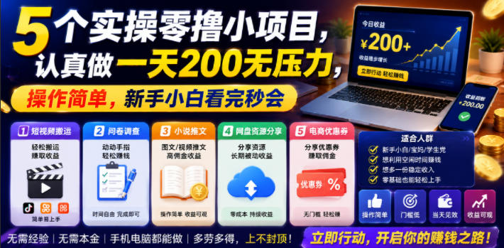 5个实操零撸小项目，认真做一天200无压力，操作简单，新手小白看完秒会【揭秘】-星云网创
