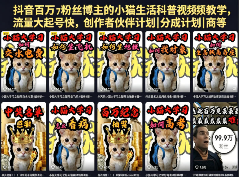 抖音百万粉丝博主的小猫生活科普视频教学，流量大起号快，创作者伙伴计划|分成计划|商单|收徒等-星云网创