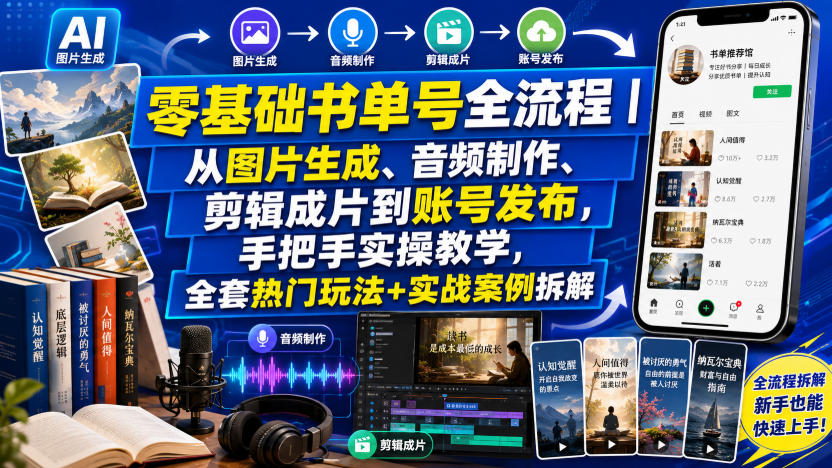 零基础书单号全流程｜从图片生成、音频制作、剪辑成片到账号发布，手把手实操教学，全套热门玩法+实战案例拆解-星云网创