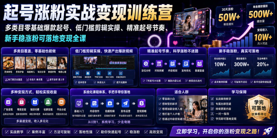 苗子起号涨粉实战变现训练营，多类目零基础爆款起号、精准起号节奏、新手稳涨粉可落地变现全课(更新0719)-星云网创