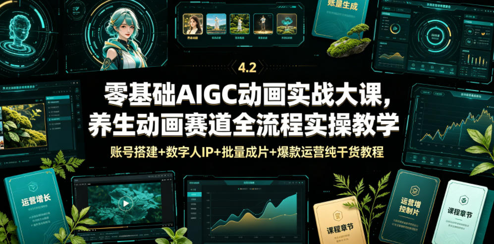 零基础AIGC动画实战大课，养生动画赛道全流程实操教学，账号搭建+数字人IP+批量成片+爆款运营纯干货教程-星云网创