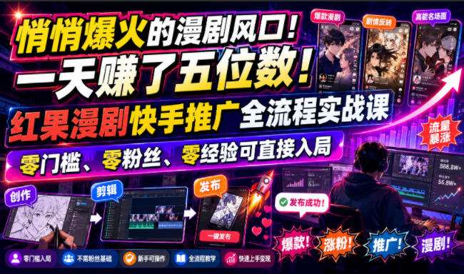 悄悄爆火的漫剧风口！一天賺了五位数！红果漫剧快手推广全流程实战课，零门槛、零粉丝、零经验可直接入局-星云网创