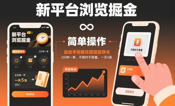 新平台浏览掘金，动动手指截张图就能挣米，2分钟一单，不限时不限量，一天5张【揭秘】-星云网创
