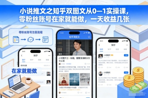 小说推文之知乎双图文从0—1实操课,零粉丝账号在家就能做,一天收益几张-我要项目网