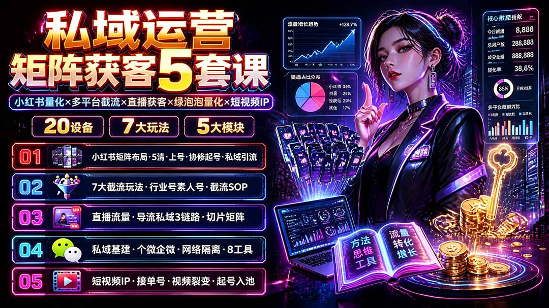 私域运营矩阵获客5套课：小红书量化×多平台截流×直播获客×绿泡泡量化×短视频IP×20设备×7大玩法-星云网创