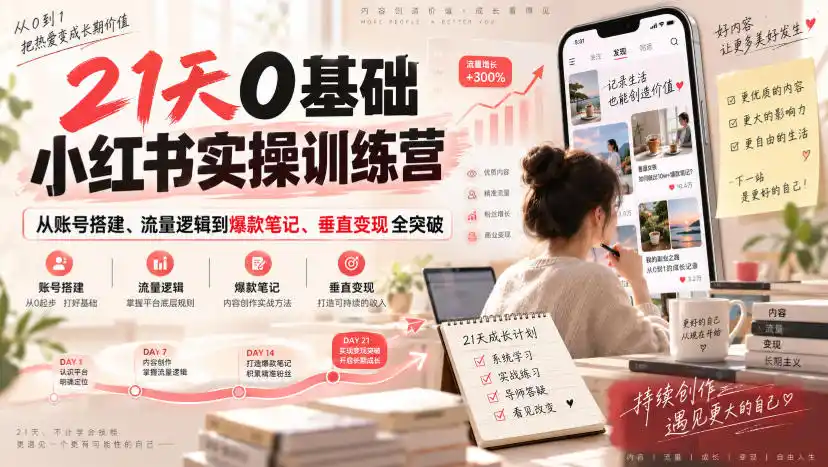 21天0基础小红书实操训练营｜从账号搭建、流量逻辑到爆款笔记、垂直变现全突破
