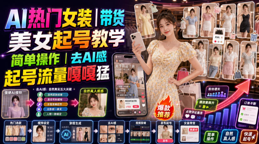AI热门女装带货丨美女起号教学，简单操作，去AI感，起号流量嘎嘎猛-星云网创