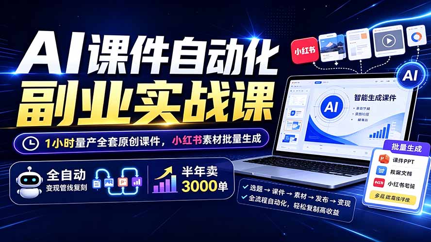 AI课件自动化副业实战课：1小时量产全套原创课件×小红书素材批量生成×全自动变现管线×半年卖3000单-星云网创