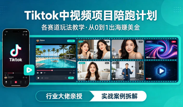 某大佬的Tiktok中视频项目陪跑，涵盖TK各个赛道玩法教学，从0到1出海賺美金-星云网创