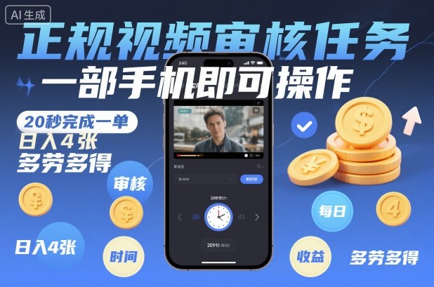 正规视频审核任务，一部手机即可操作，20秒完成一单，日入4张，多劳多得【揭秘】-星云网创