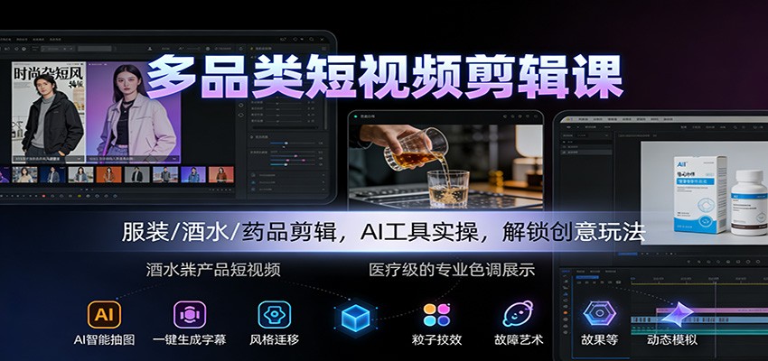 多品类短视频剪辑课：服装/酒水/药品剪辑，AI工具实操，解锁创意玩法-翻身路网创
