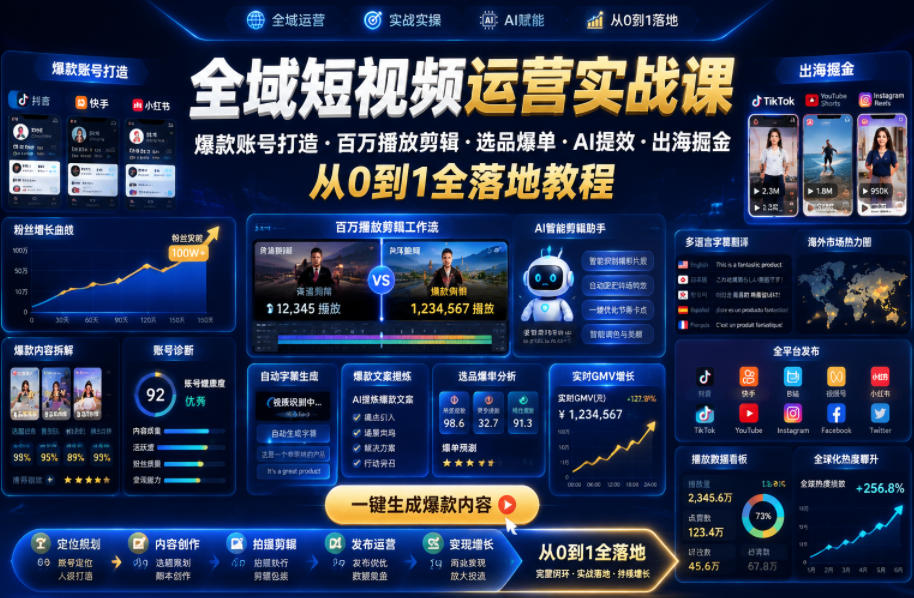 全域短视频运营实战课，爆款账号打造・百万播放剪辑・选品爆单・AI提效・出海掘金，从0到1全落地教程-星云网创