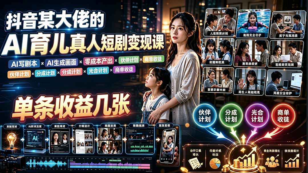 AI育儿真人短剧变现课：AI写剧本×AI生成画面×零成本产出×伙伴计划×分成计划×光合计划×商单收徒-星云网创
