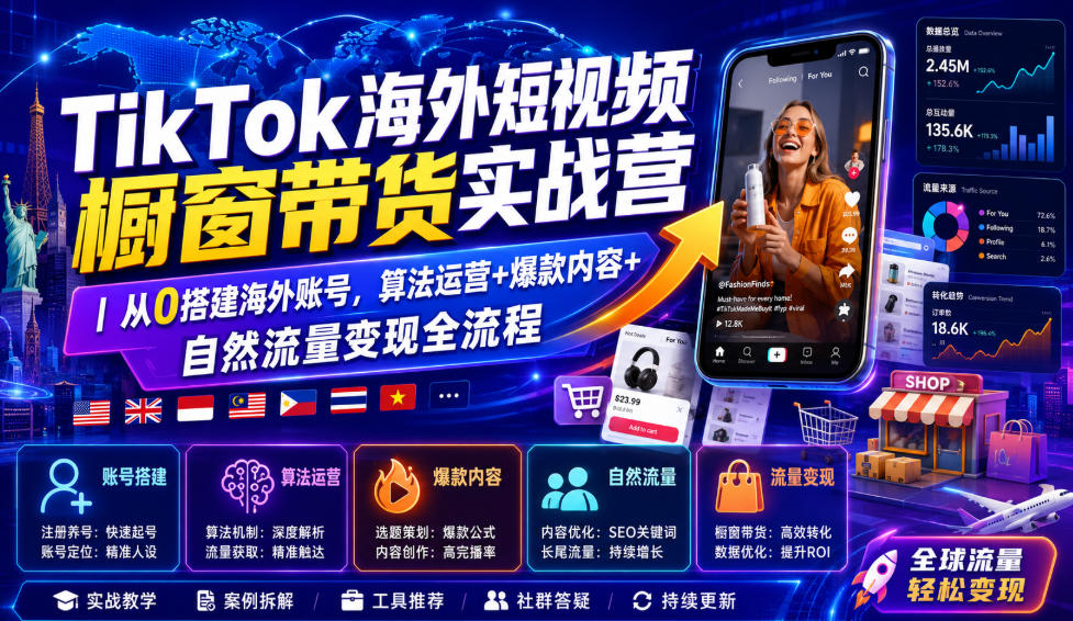 TikTok海外短视频橱窗带货实战营｜从0搭建海外账号，算法运营+爆款内容+自然流量变现全流程-星云网创