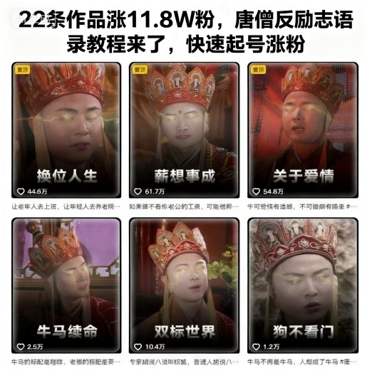22条作品涨11.8W粉,唐僧反励志语录教程来了,快速起号涨粉-星云网创