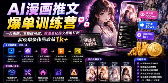 AI漫画推文爆单训练营，一台电脑，零基础可做，吃透百亿推文赛道红利，实现单条作品收益1k+-星云网创