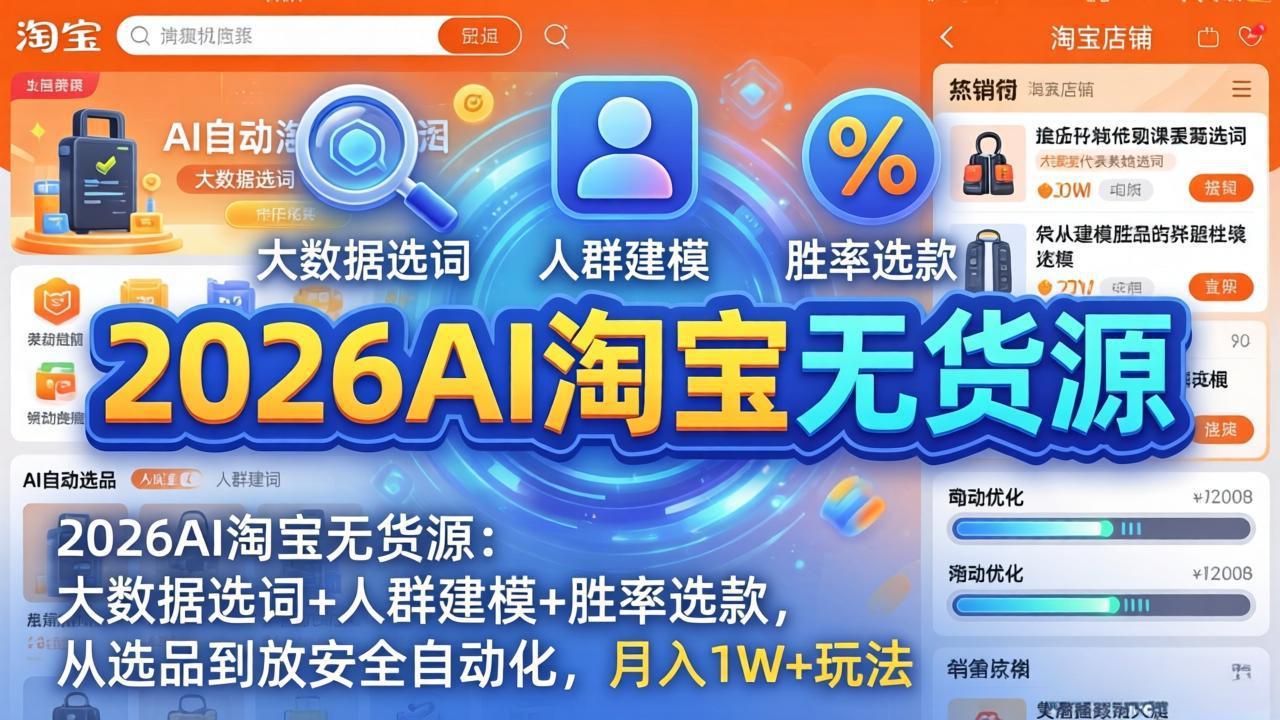 2026AI淘宝无货源-4月更新:大数据选词+人群建模+胜率选款,从选品到放大全自动化,月入1W+玩法-云网创