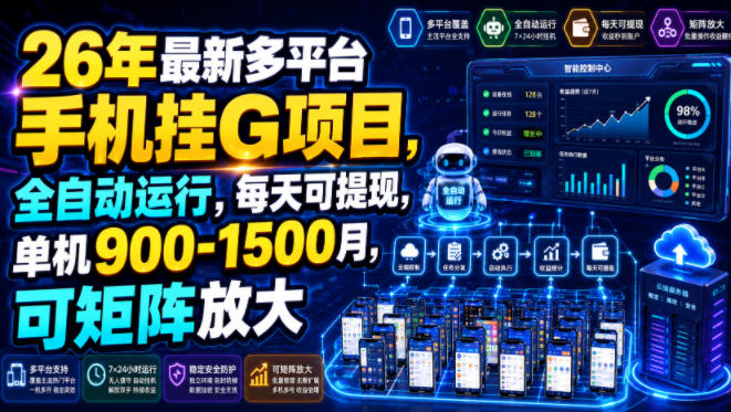 26年最新多平台手机挂G项目，全自动运行，每天可提现，单机900-1500月，可矩阵放大【揭秘】-星云网创