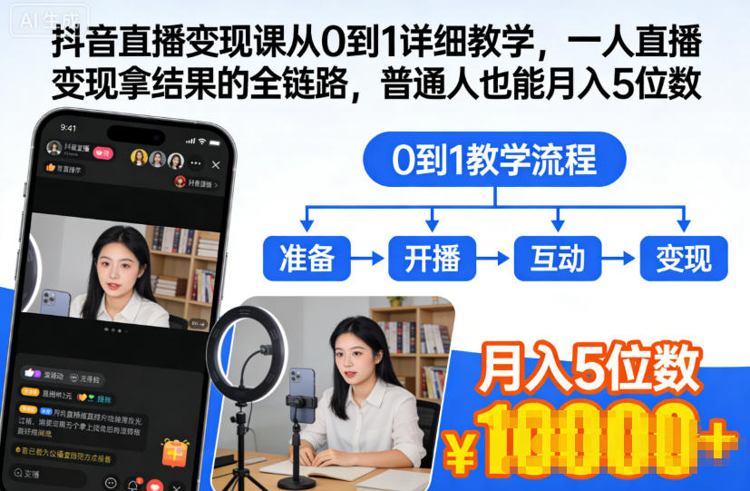 抖音直播变现课从0到1详细教学，一人直播变现拿结果的全链路，普通人也能月入5位数-我要项目网