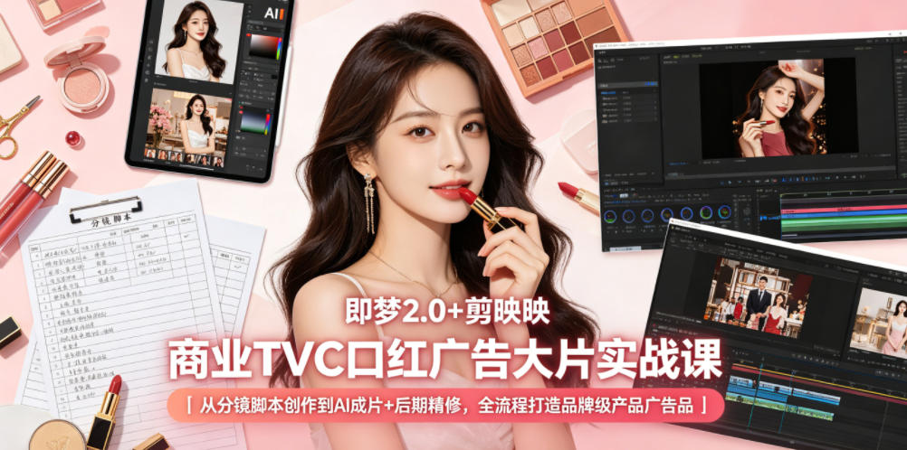 即梦2.0+剪映商业TVC口红广告大片实战课｜从分镜脚本创作到AI成片+后期精修，全流程打造品牌级产品广告-星云网创