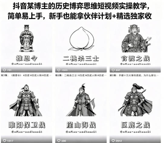 抖音某博主的历史博弈思维短视频实操教学，简单易上手，新手也能拿伙伴计划+精选独家收益-星云网创