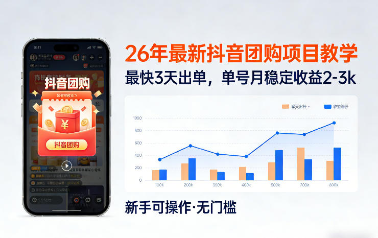 26年最新抖音团购项目教学，0门槛，最快3天出单，单号月稳定收益2-3k-星云网创