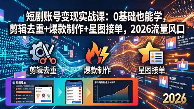 短剧账号变现实战课：0基础也能学，剪辑去重+爆款制作+星图接单，2026流量风口-星云网创