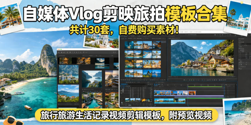自媒体Vlog剪映旅拍模板合集，共计30套，自费购买素材！旅行旅游生活记录视频剪辑模板，附预览视频-星云网创