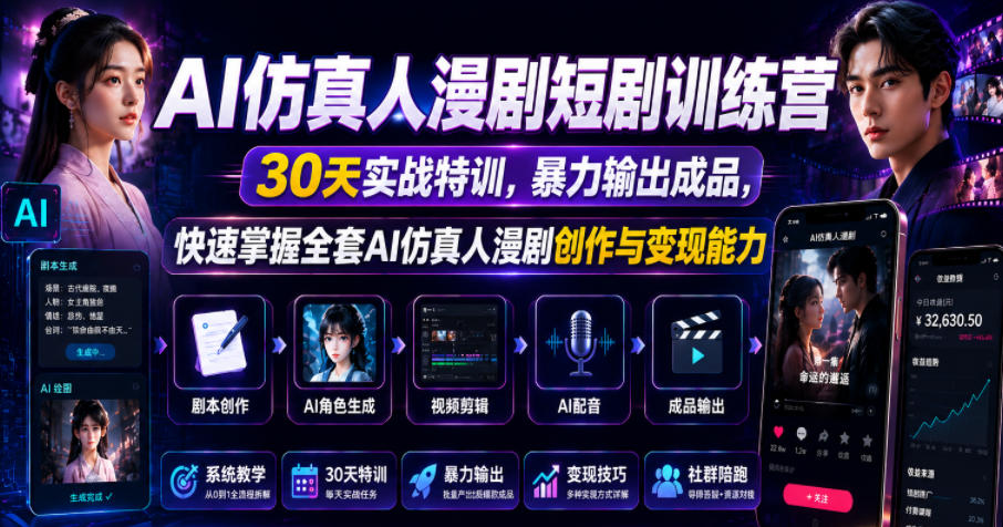 AI仿真人漫剧短剧训练营，30天实战特训，暴力输出成品，快速掌握全套AI仿真人漫剧创作与变现能力-星云网创