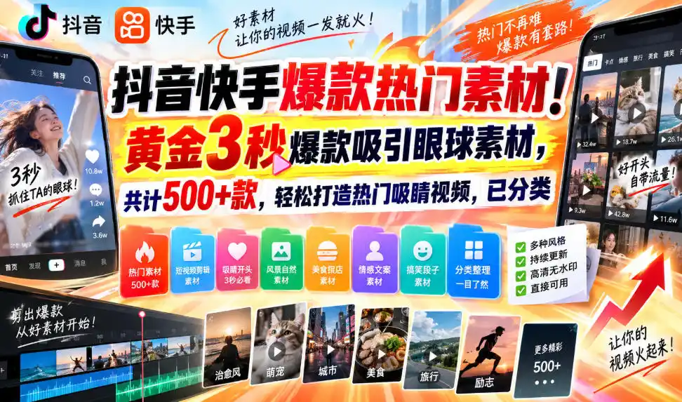 抖音快手爆款热门素材！黄金3秒爆款吸引眼球素材，共计500+款，轻松打造热门吸睛视频，已分类