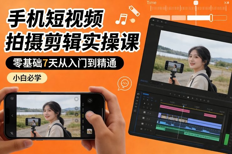 手机短视频拍摄剪辑实操课，零基础7天从入门到精通，小白必学-云网创