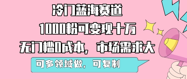 冷门蓝海赛道，1000粉可变现十W，无门槛0成本，市场需求大，可多领域做，可复制性强-星云网创