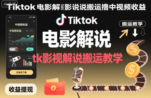 Tiktok电影解说搬运撸中视频收益，tk影视解说搬运教学-我要项目网