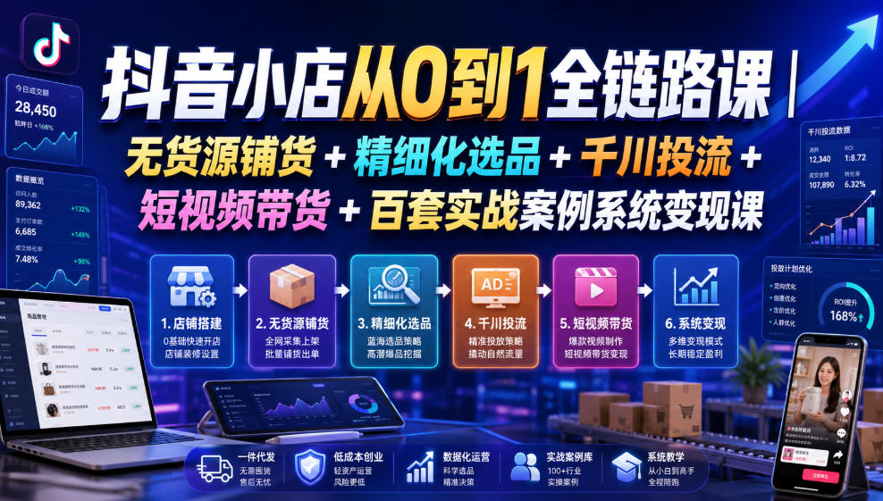抖音小店从0到1全链路课｜无货源铺货+精细化选品+千川投流+短视频带货+百套实战案例系统变现课(2026年7月更新)-星云网创
