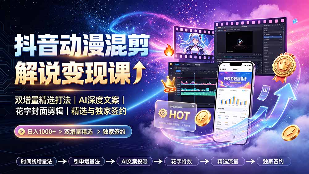 抖音动漫混剪解说变现课：双增量精选打法｜AI深度文案｜花字封面剪辑｜ 精选与独家签约日入1000+-星云网创