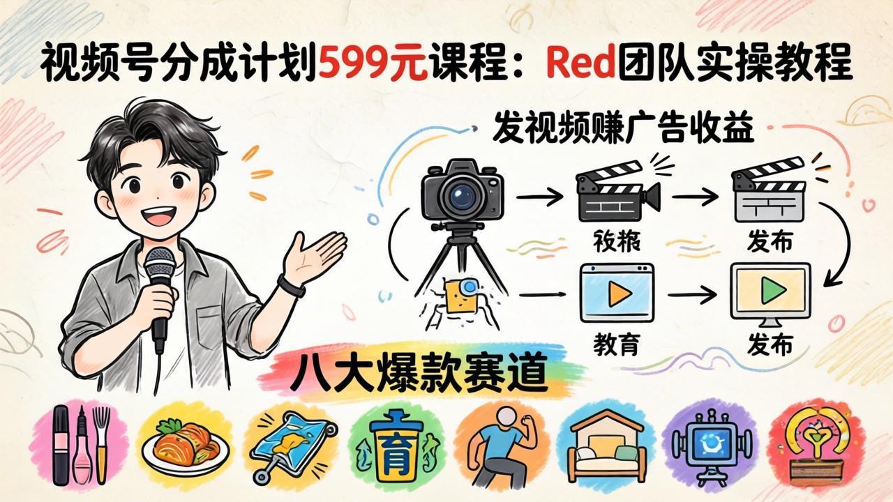 视频号分成计划599元课程：Red团队实操教程，发视频赚广告收益，八大爆款赛道全掌握-云网创