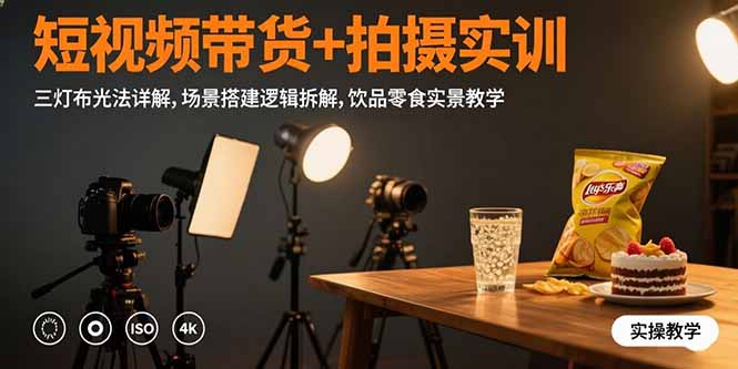 短视频带货+拍摄实训：三灯布光法详解,场景搭建逻辑拆解,饮品零食实景教学-柚子轻创