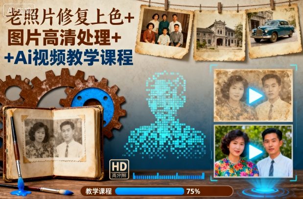 老照片修复上色+图片高清处理+Ai视频教学课程-柚子轻创
